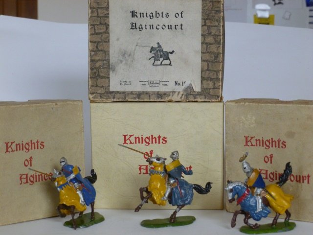 Britains Knights of Agincourt Assortment: from Sets #1661 & #1663 & #1660 with 4 original unrelated Knights of Agincourt boxes. Post War. 7 pieces. Condition very good.
