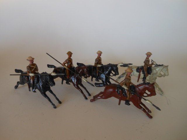 Britains Set #94 Khaki Lancers: Pre-War. 5 pieces. Unboxed. Condition very good. (one figure possibly has mis-matched paint.)