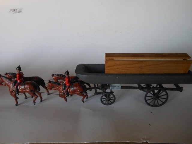 Britains Set #203 Pontoon Wagon: with outriders, wooden boat, and planks for a bridge. Pre-War. 6 pieces. Unboxed. Condition good. (part of one horse's leg missing.