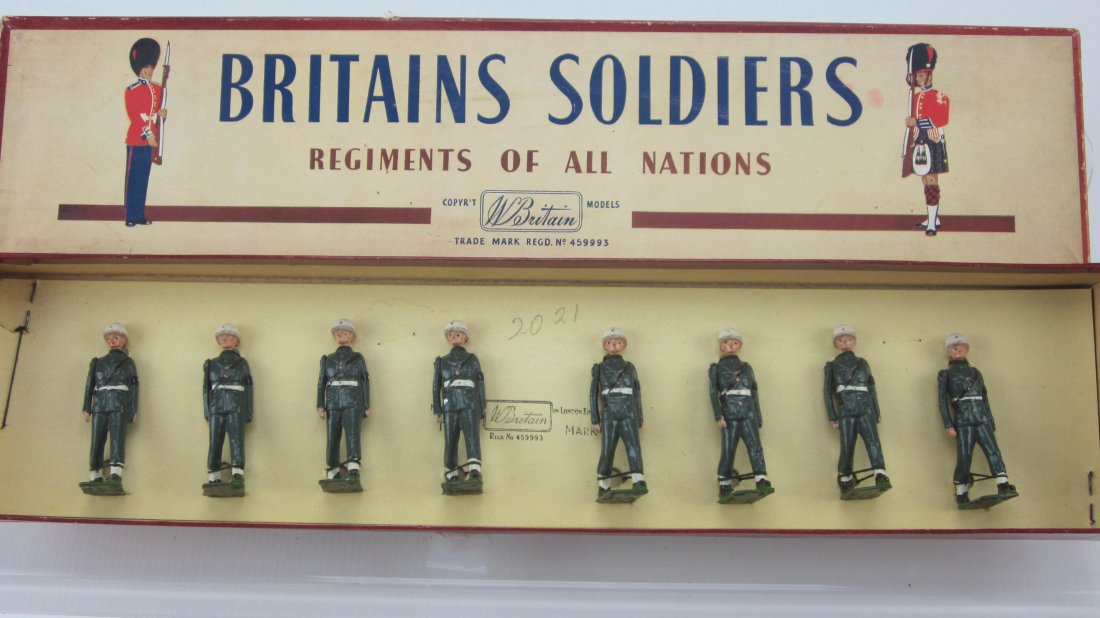 Britains Set #2021 Military Police - Snowdrops: Post War. 8 Pieces. Tied in clean ROAN box. Condition Near Mint.