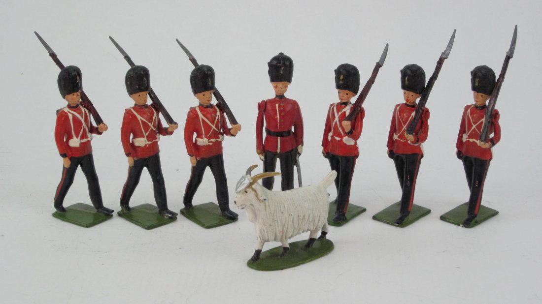 Britains Set #74 Royal Welsh Fusiliers: Post War. No box. 8 Pieces; Including goat mascot and officer. Condition Excellent.