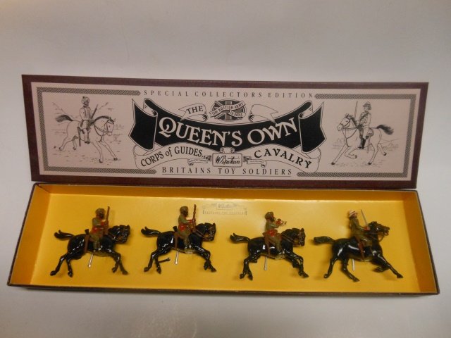 Britains set #8835 Queens Own Corps of Guides: 4 pieces. Post War. Tied in original illustrated box. Condition excellent. Box excellent.