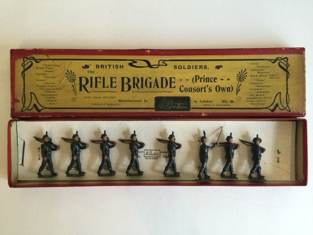 Britains Set #9 Rifle Brigade: Pre War. Tied in Original Box. Box Packs. In Original Campaign Box. 8 Pieces. Condition Figures Pristine. Condition Box Excellent. Provenance Bill Miele Collection.