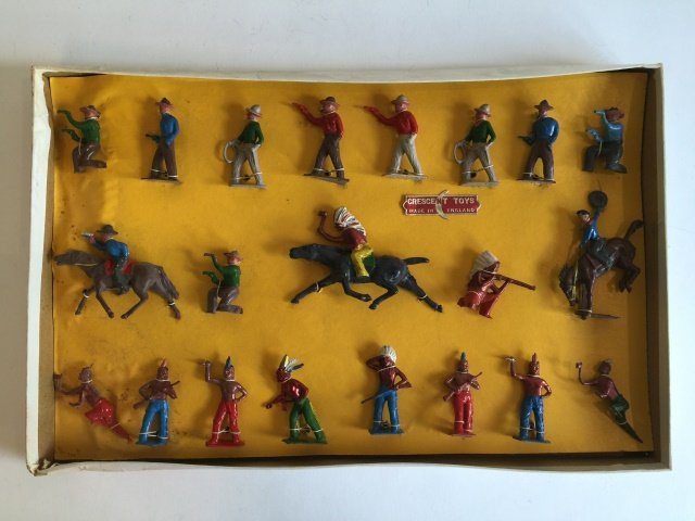 Crescent Cowboys and Indians Display: Post War. Originally tied in Original Box. 21 Pieces. Condition Figures Excellent. Condition Box Very Good; With visible wear.