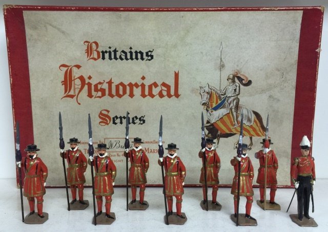 Britains Set #1257 Yeoman of the Guard: Post War. In original Britains Historical Series Box. 9 Pieces. Condition Figures Excellent. Condition Box Excellent; With original tie card.