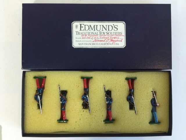 Edmunds South Carolina Infantry: Post War. In original box. 33rd Regiment Union of South Carolina Volunteer Infantry U. S. Colored Troops. 6 Pieces. Condition Figures Near Mint Condition Box Pristine.