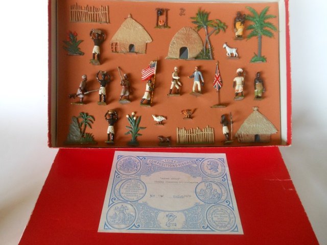 Zinnfiguren Schimek set #1381: Limited Edition. #14 of 14. Stanley discovering Livingston. 27 pieces. Tied in original box. Post War. Condition excellent. Box very good.