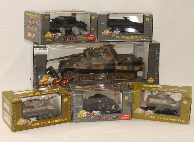 The Ultimate Soldier World War Two Tank Lot: Includes 1:32 Scale #20220 U.S. M-5 Light Tank; #20230 German Tiger 1 Tank; #20250 German SDK 222 Armored Car; #20260 U.S. M-18 Hellcat; #20270 German Sd KF2 Halftrack. Also a 1:18 Scale German Panthe