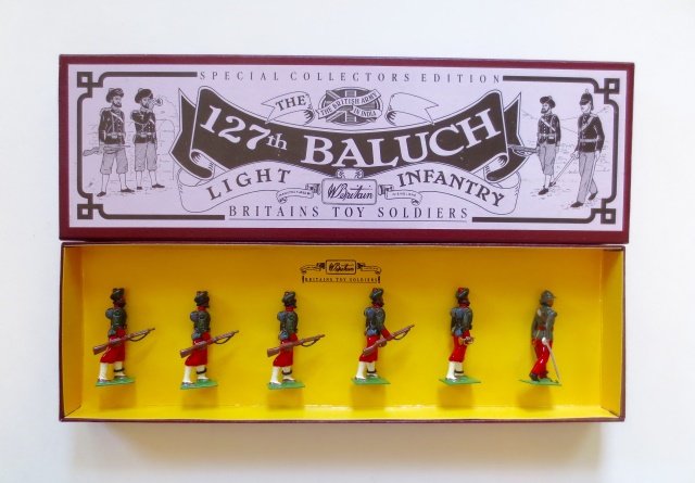 Britains set #8833 The 127th Baluch: Light Infantry. 6 pieces. Post war. Tied in original illustrated box. Condition excellent. Box excellent.