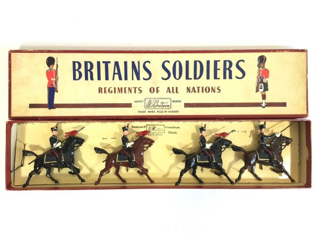 Britains Set #220 Argentine Lancers: Post War. Originally tied in original ROAN Box. 4 Pieces. Condition Figures Near Mint. Condition Box Excellent.