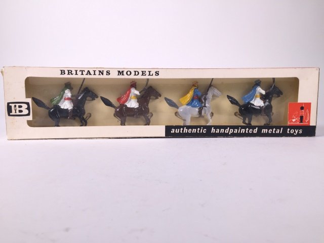 Britains Set #9291 Arabs Mounted on Horseback: Post War. Originally tied in original cellophane box. 4 Pieces. Condition Figures Pristine. Condition Box Excellent.