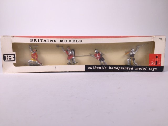 Britains Set #9192 Knights of Agincourt: Post War. Originally tied in original cellophane box. 4 Pieces. Condition Figures Pristine. Condition Box Very Good.