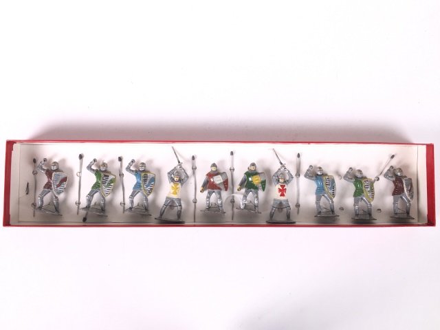 Timpo Foot Knights: Post War. Tied in reproduction box. 10 Pieces. Condition Figures Excellent.