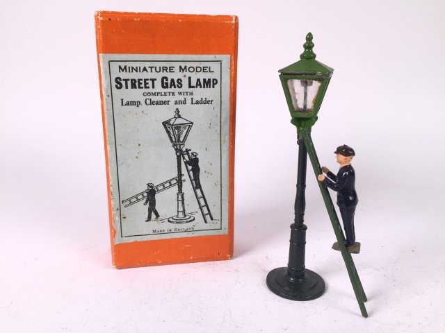 JoHillco Street Gas Lamp: With original box. Complete with lamp cleaner and ladder. Post War. 3 Pieces. Condition Figures Excellent. Condition Box Excellent.