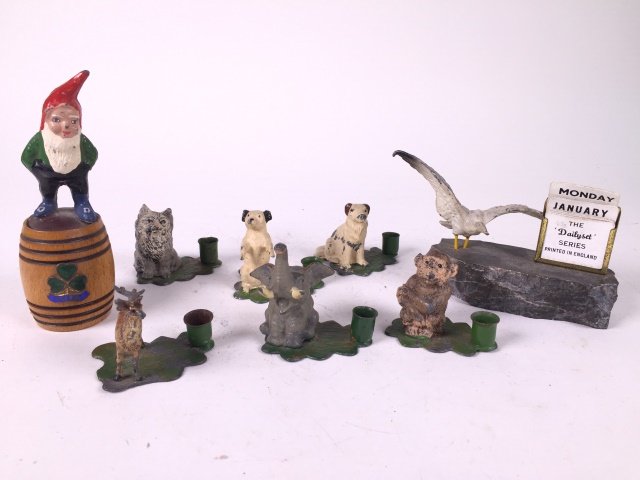 Heyde Animal Candlesticks & Calendar: Pre War. 8 Pieces. Condition Very Good; Reindeer missing one horn.
