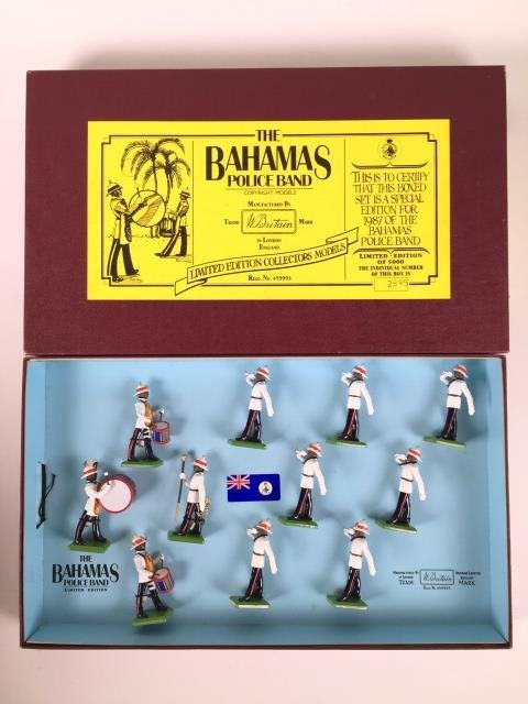 Britains Set #5187 Bahamas Police Band: Post War in original box and shipping sleeve. #2895 of #5000. 11 Pieces. Condition Pristine, Box Excellent, sleeve has taping.