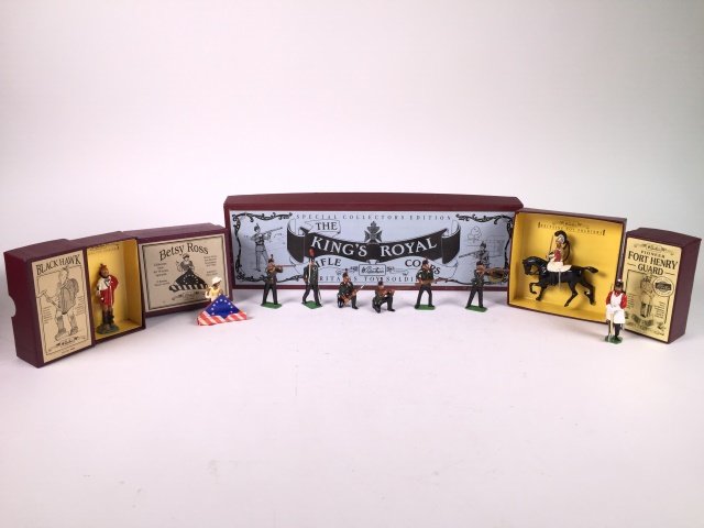 Britains Set #8892 King's Royal Rifle Corp: Plus Set 8824 Life Guard 1837, 5990 Betsy Ross, 8823 Fort Henry Guard and 5948 Black Hawk. Post War in original boxes. 10 Pieces Condition Excellent, Boxes Excellent.