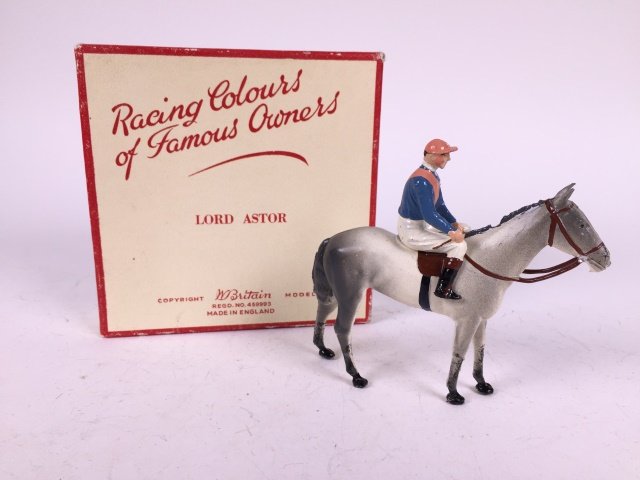 Britains Racing Colours Lord Astor: Post War. In original box. 2 Pieces. Condition Figures Excellent; Whip tip missing. Condition Box Excellent.