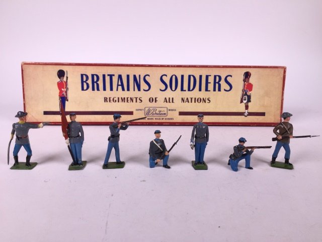 Britains Set #2060 Confederate Infantry: Post War. In original ROAN box. 7 Pieces. Condition Figures Excellent. Condition Box Very Good.