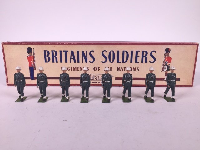 Britains Set #2021 Military Police: Post War. In original ROAN box. 8 Pieces. Condition Figures Very Good. Condition Box Very Good; With original tie card.