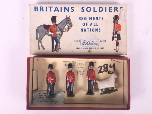 Britains Set #2124 Royal Welsh Fusilier Half Set: Post War. Originally tied in box. 4 Pieces. Condition Figures Excellent. Condition Box Very Good; Damage to end label.