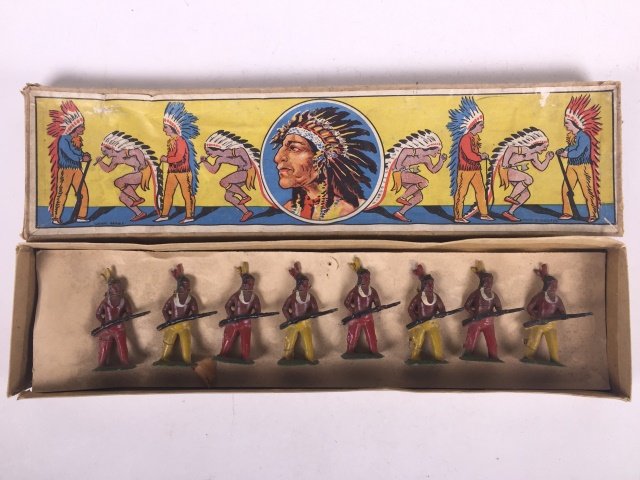 North American Indians Jawal Series: Japanese. Post War. Originally tied in original graphic box. 8 Pieces. Condition Figures Very Good. Condition Box Very Good; With splits.