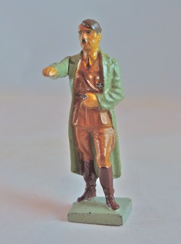 Scarce Lineol Hitler in Raincoat w/Movable Arm: Slight short crack to back of head with hardly any wear. Excellent face and paint quality. Face has excellent likeness. Movable arm works normally. Made ONLY 1934-36. Condition Excellent.