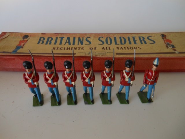 Britains set #2019 Danish Lifeguards: 7 pieces. Untied with incorrect, but original box which is for set #1901. Post War. Condition excellent; box very good.