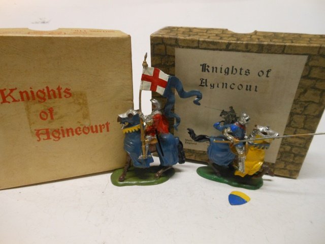 Britains sets #9492 & 1661 Knights of Agincourt: 2 Knights with original boxes. (one shield detached) Post War. Untied. Condition good.