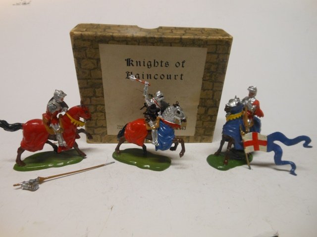 Britains Knights of Agincourt: 3 mounted Knights. 2 with damage and one with original box. Post War. Condition good; box good.