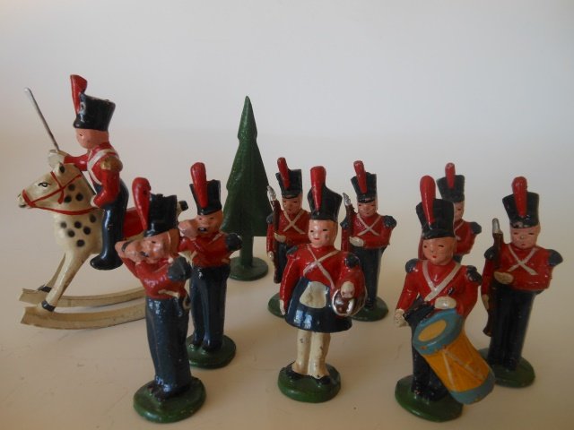 Wendall Toy Town Figures: 10 pieces, including soldier on rocking horse and female nurse. Post War. Unboxed. Condition excellent.