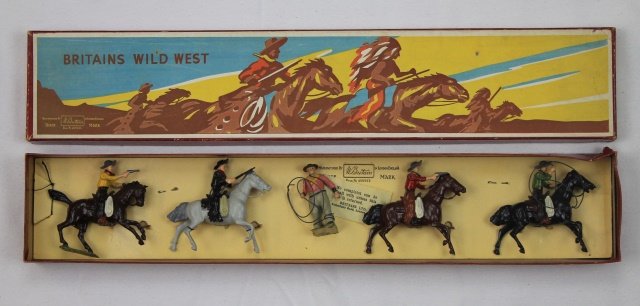 Britains Set #179 Cowboys Mounted and Foot: Cowboys Mounted and Foot. Post War 1946-59. 5 pieces. Condition: figures mint tied-in-box, Box excellent.