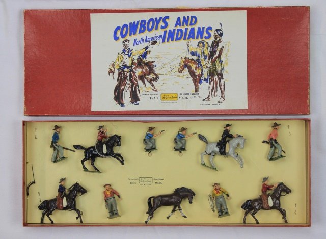 Britains Set #209 Cowboys Mounted and Foot: Cowboys Mounted and Foot. Post War 1952-59. 11 pieces. Condition: figures mint tied-in-box, Box excellent.