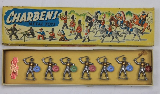 Charbens Set #4408 Knights: Knights. Post War. 7 pieces. Condition: figures mint tied-in-box, Box very good.