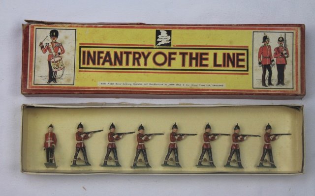 Johillco Set #125 Infantry of the Line: Infantry of the Line Firing. Post War. 8 pieces. Condition: figures mint tied-in-box, Box good with edges separating and corners split.