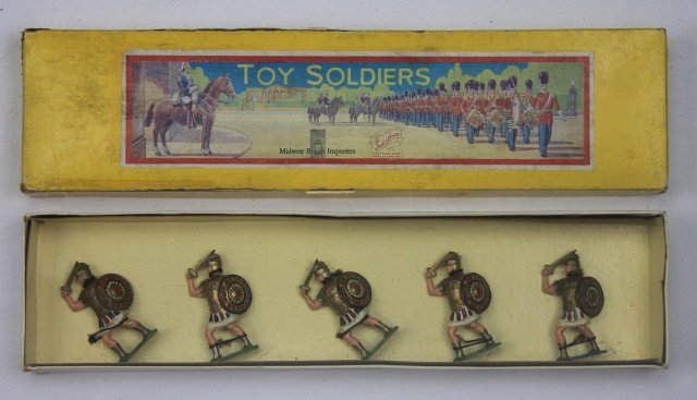 Johillco Set #134 Gladiators: Roman Gladiators. Post War. 5 pieces. Condition: figures mint tied-in-box, Box very good.