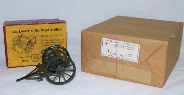 LOT Britains Factory Pack #1725 Guns: Includes Set #1479 Short Pole Limber and a 3-Pack of Set #1725 4.5 inch Howitzer Gun Still Wrapped in Factory Paper. Limber Pre War, Guns Post War 1960-66. 4 pieces. Condition: mint in-the box. Boxes 