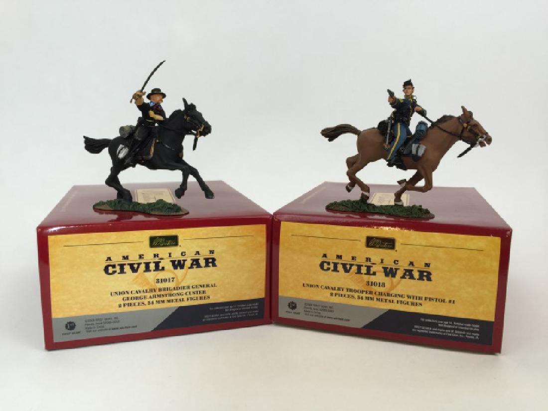 W Britain Set #31017 & #31018 Union Cavalry: Includes Set #31017 Union Cavalry Brigadier General George Armstrong Custer and Set #31018 Union Cavalry Trooper Charging with Pistol #1. 54mm Figures. 2 pieces. Condition figures near mint. Condition