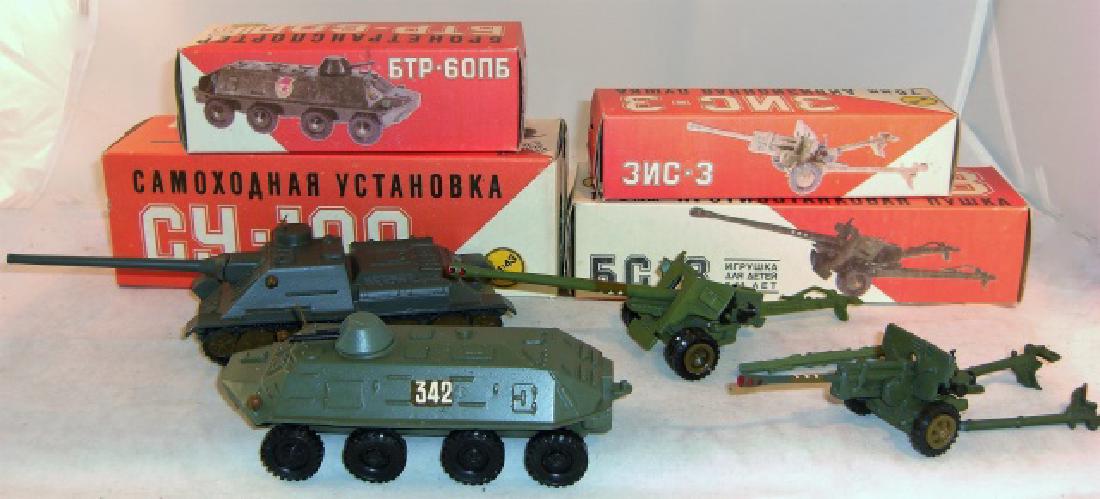 Russian Military Pieces: 1:43 scale, 2 cannons (trail piece on each broken); tank & armored car in excellent condition: all boxes excellent