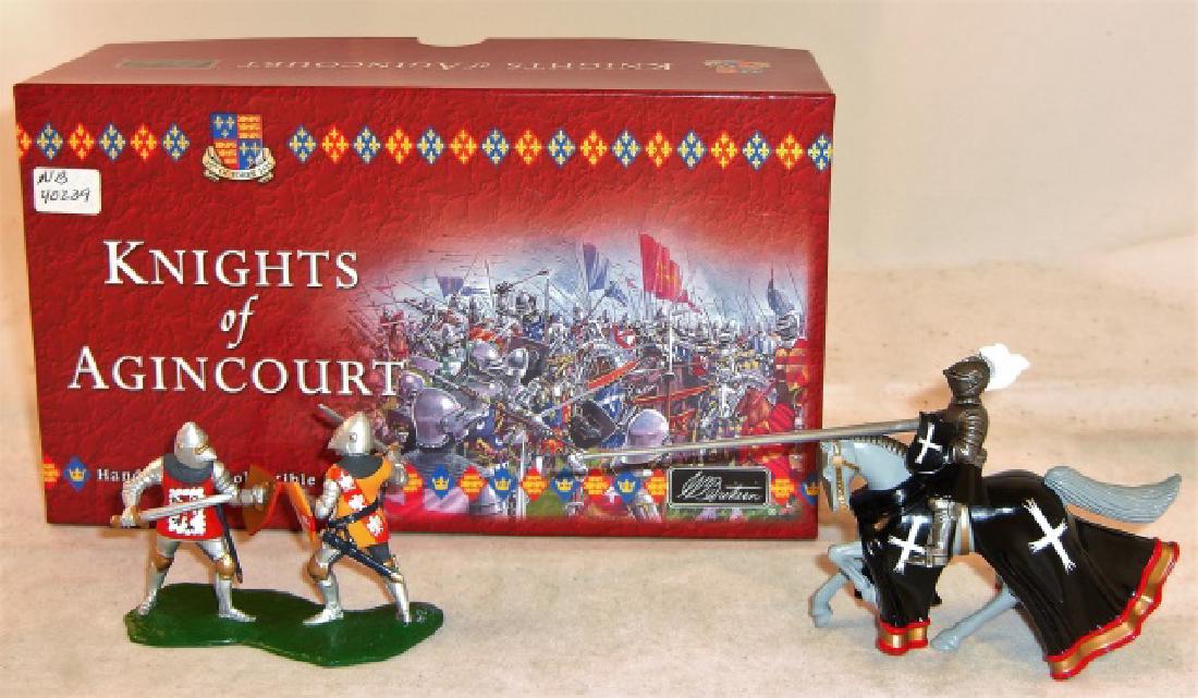 Britains Knights Sir John Grey: #40239 Knights of Agincourt; Sir John Grey & Comte de Vandemoot dueling, 2 figures on one base; & #41140 Black Knight, which comes in a snappable plastic case; excellent in excellent box and case