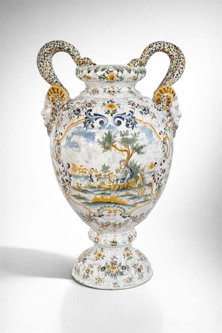 19th Century Italian Faience Vase: This lot is located in Dallas.11.5w x 19h. May have age appropriate wear with use such as marks in the finish, scratches, scuffs etc. Please review photos carefully and ask questions prior to bidding.