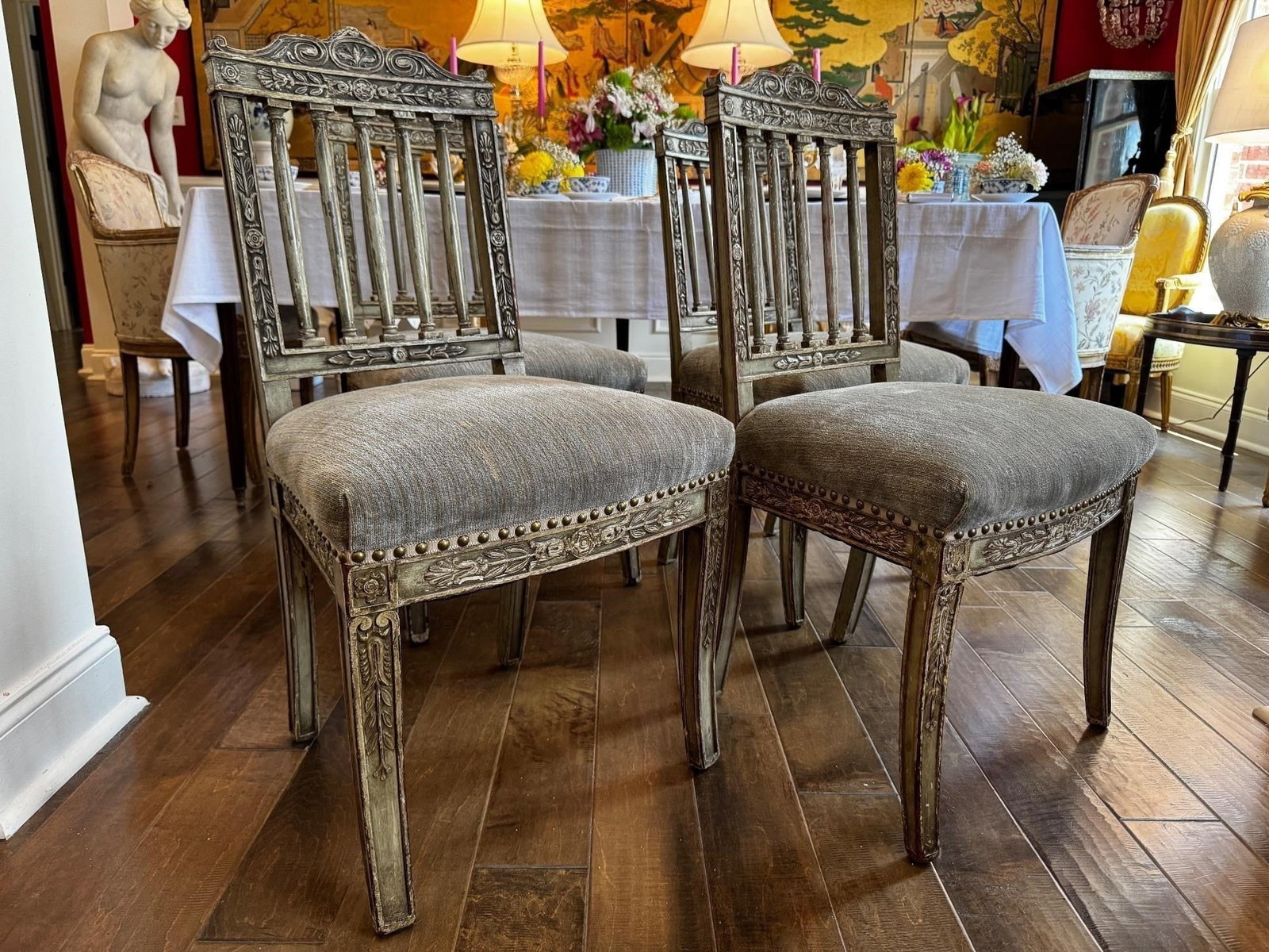 Set 4 19th c Italian Neoclassical Side Chairs: Elegant set of 4 19th century Italian Neoclassical style Palladian form side chairs featuring finely carved, and painted frames in a muted greenish gray palette, with classical foliate ornament,