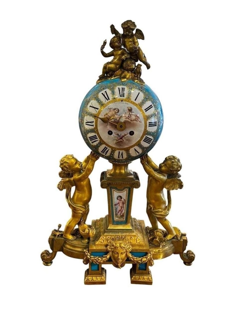 19th c. French Sevres Mantle Clock: This lot is located in Dallas, TX 19th c. French Sevres and gilt bronze Mantle Clock having globe shape dial held by bronze putti. Dial marked Edward & Sons / Paris. Working order unknown. We do not