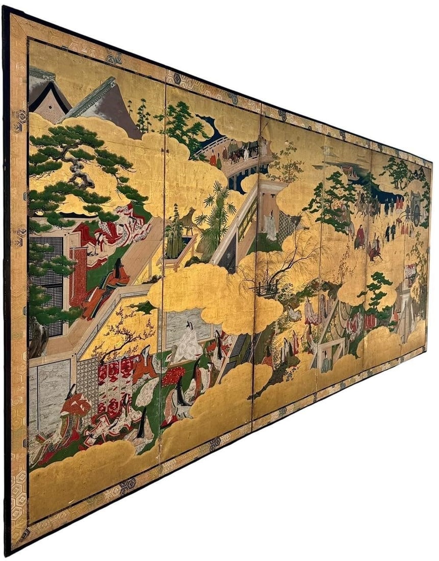 17th / 18th c Edo Period Tales Genji Byobu Screen: Important Ex. Christie's, Imperial Japanese six-panel byobu dating to the late seventeenth or early eighteenth century Edo period, decorated in mineral pigments and gold leaf with richly detailed scen