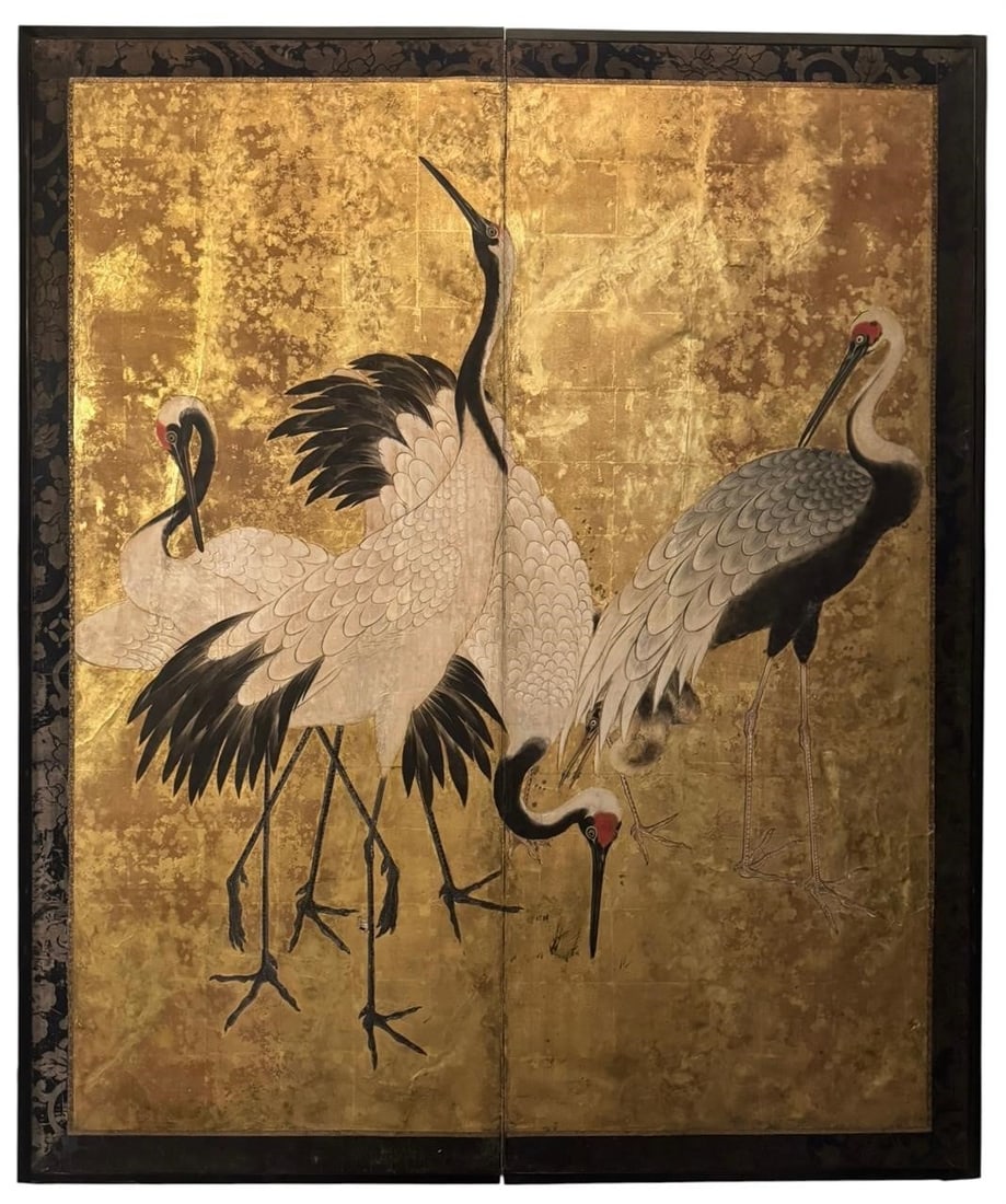 Momoyama or early Edo 2 panel Crane Screen: Important late Momoyama to early Edo period screen (late 16th / early 17th c.). Decorated with elegant cranes against a luminous gilt ground, demonstrating the bold composition and refined brushwork