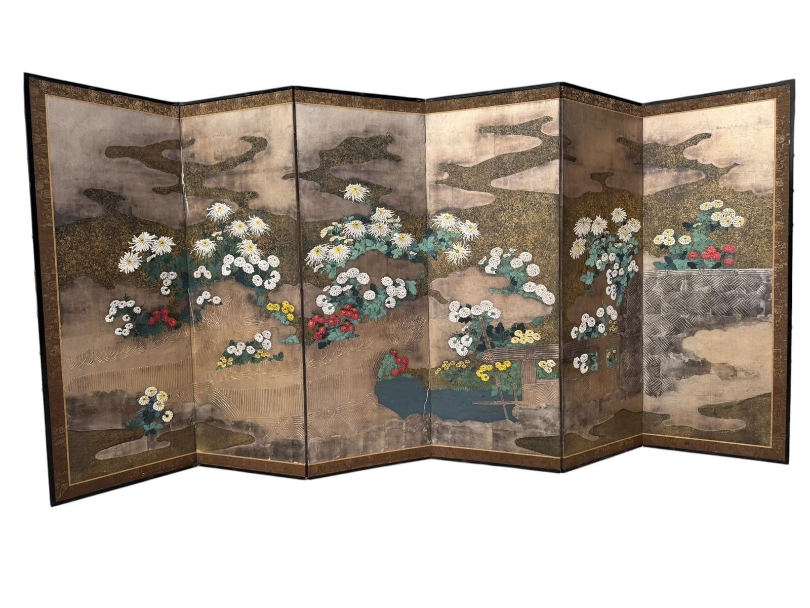 Edo Rimpa School Byobu Screen Chrysanthemum: 2nd of a pair Late 18th to early 19th century Rinpa School Edo period six-panel screen. Beautifully decorated with flowering chrysanthemums arranged throughout a stylized garden against a softly