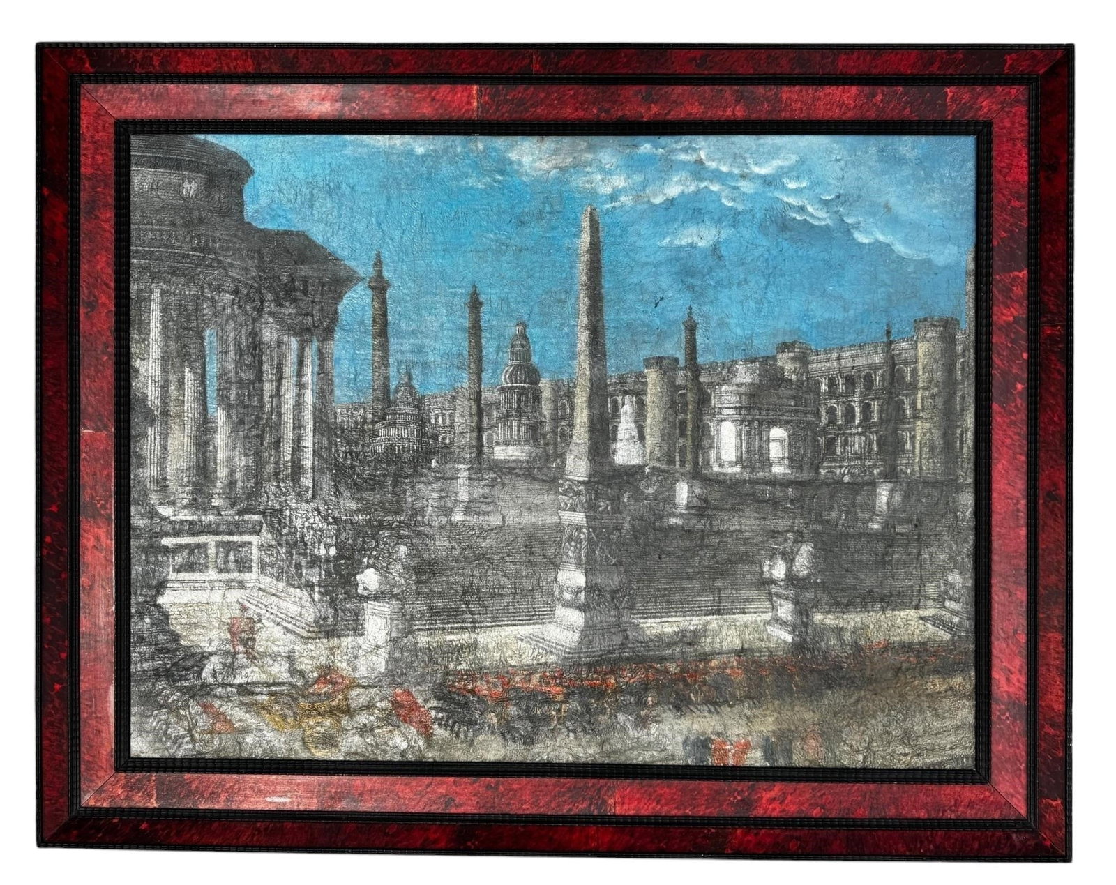 19th century Italian Cappricio Faux Tortoise Frame: Nineteenth century Italian capriccio depicting an imaginative architectural view inspired by the monuments of ancient Rome. The composition combines classical ruins, obelisks, and monumental architect