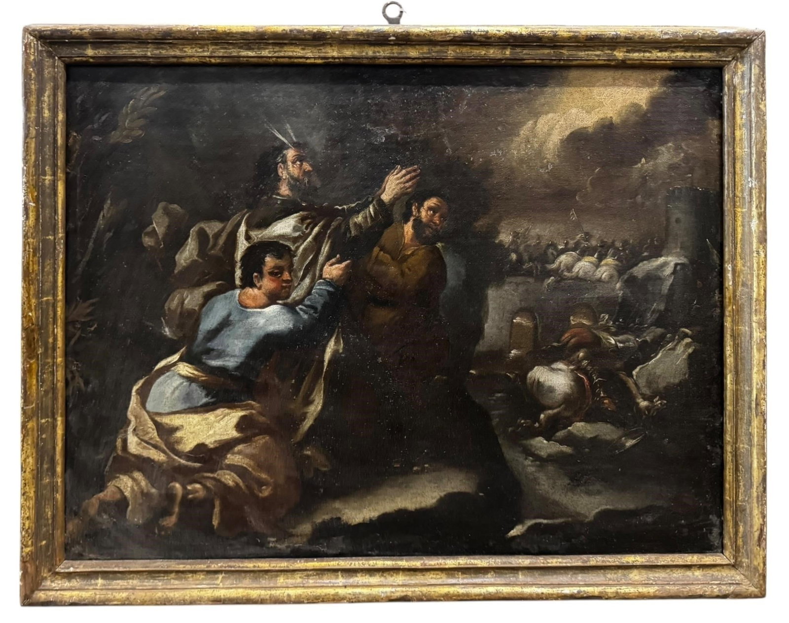 18th c. Spanish school Moses Israelites Painting: 18th / 19th century Spanish school painting of Moses leading the Israelites in battle possibly during the Battle against the Amalekites from Exodus 17:8-13. Overall 44"W x 34"H Good Condition - May ha