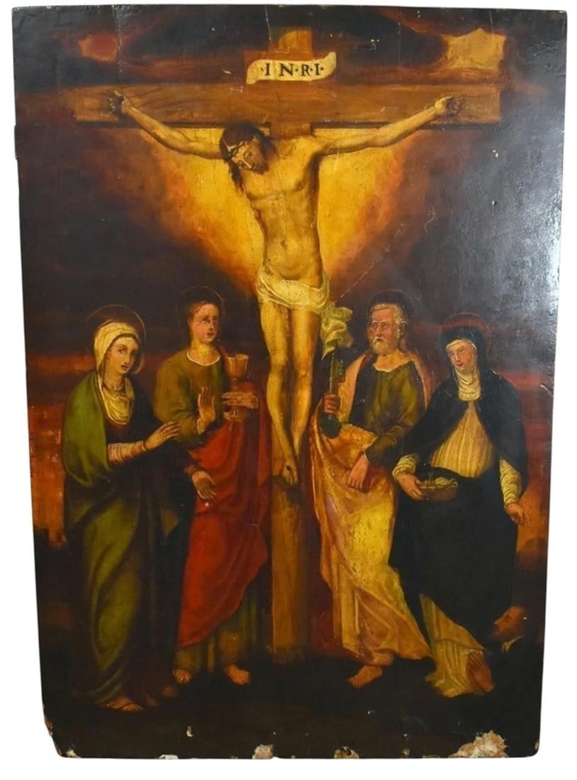 18th c. Italian crucifixion oil on board painting: 18th c. Religious oil painting depicting the crucifixion of Christ with attendant figures in a traditional devotional composition. Richly toned palette and period-inspired presentation, suitable for r