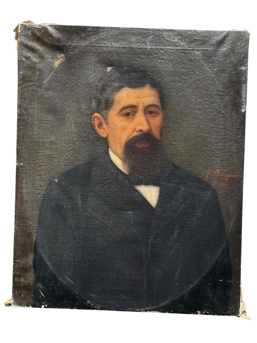 19th c.Portrait signed of B. Laguens 1889: Late 19th Century continental Portrait of a Gentleman, Signed and Dated 1889Oil on canvas portrait depicting a distinguished gentleman dressed in formal black attire with a white collar. Signed and da